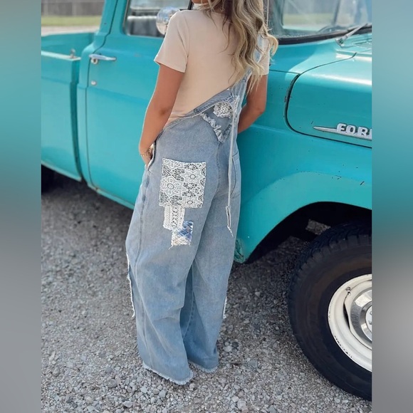 NWT POL Boho Patchwork Crochet Jean Denim Overalls - Picture 7 of 15
